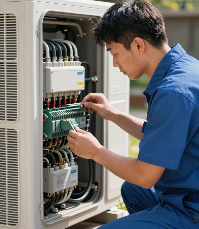 A professional technician in a clean uniform inspecting an outdoor air conditioning unit in bright Georgia daylight, focusing on the electrical panel.