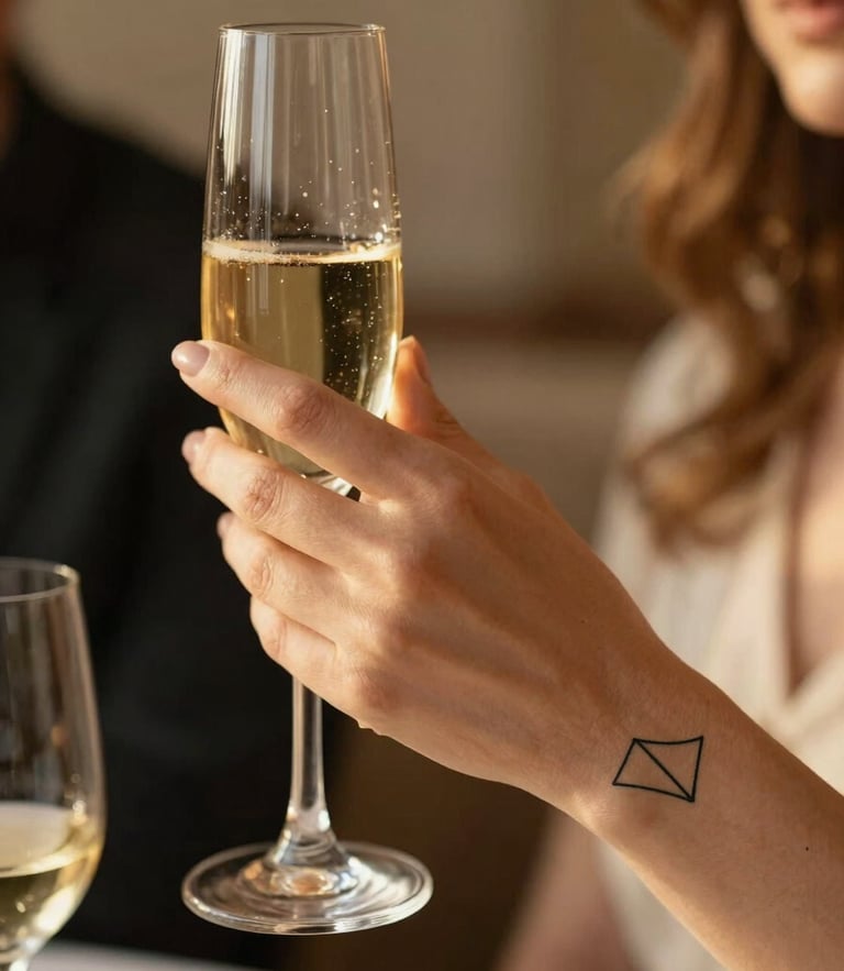 Close-up of a sophisticated guest holding a champagne glass, showing a delicate minimalist geometric tattoo on their wrist, warm golden hour lighting, elegant atmosphere.