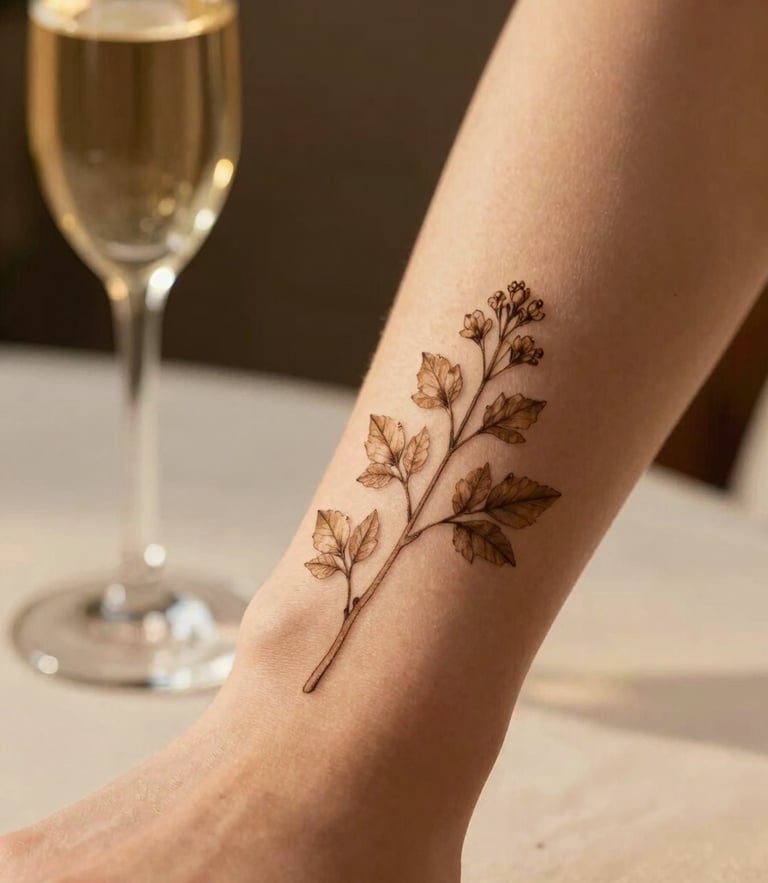Close-up shot of a delicate botanical temporary tattoo on a woman's wrist, warm golden hour light, soft focus background with champagne glasses, elegant and sophisticated atmosphere.