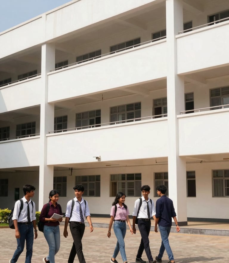 Bright academic photography of the Matra Bhumi campus building exterior in natural daylight, clean architectural lines, students walking in the courtyard, 35mm