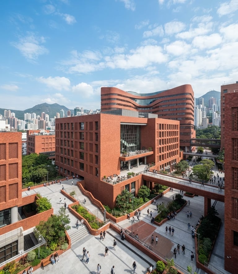 Bright architectural perspective of the Hong Kong Polytechnic University campus, red brick buildings, natural daylight, cool blue sky, professional academic setting