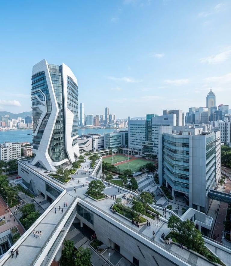 Wide-angle architectural view of the Hong Kong Polytechnic University campus, clean daylight, cool blue and white tones
