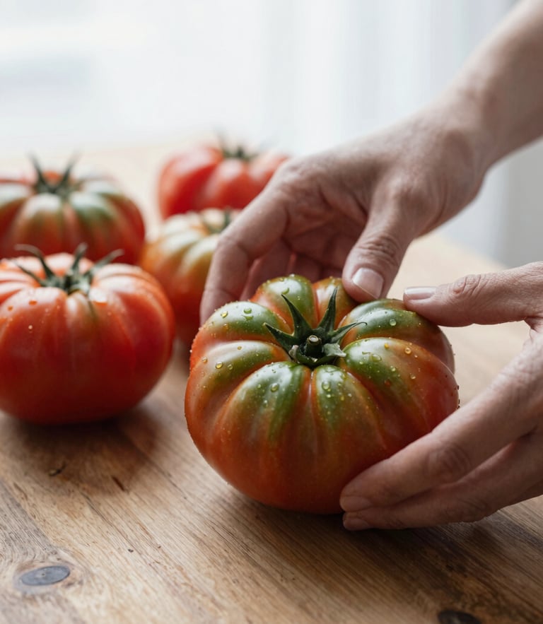 Close-up of hands arranging fresh heirloom tomatoes on a rustic wooden table, soft Scandinavian overcast daylight, shallow depth of field, 35mm