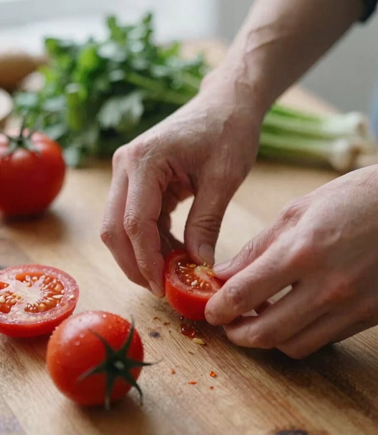 Close-up of hands prepping fresh ingredients on a rustic wooden table, soft Scandinavian overcast daylight, rich crimson tones, shallow depth of field, 35mm