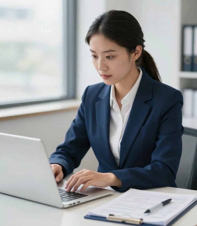 A professional tax advisor reviewing spreadsheets on a clean laptop screen in a bright office with soft natural daylight and subtle deep blue accents.