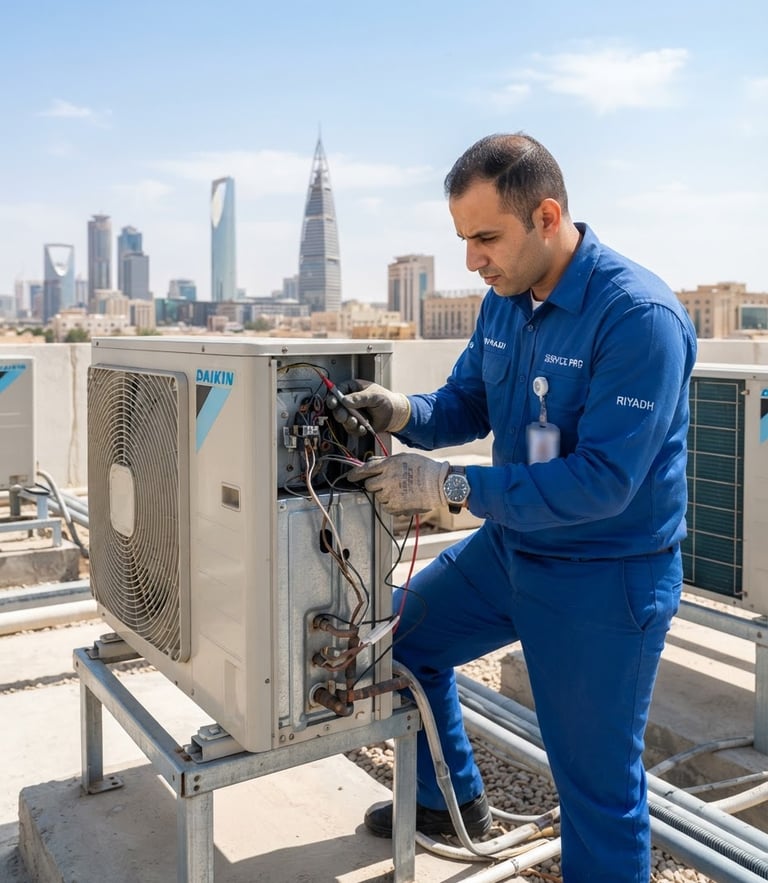 Crisp commercial photography of a professional technician in a clean blue uniform inspecting an outdoor AC compressor unit in bright Riyadh daylight, 35mm, sharp focus