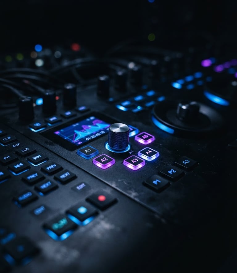 Macro close-up of a high-end video editing console, glowing neon electric blue and cyber purple LED backlighting, shallow depth of field, dark studio setting.
