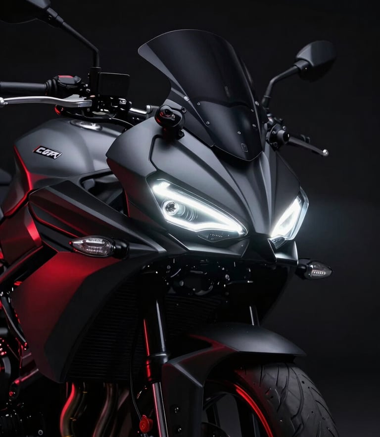Sleek modern motorcycle with glowing LED headlights in a dark, dramatic studio, high contrast, red accent lighting, 85mm lens