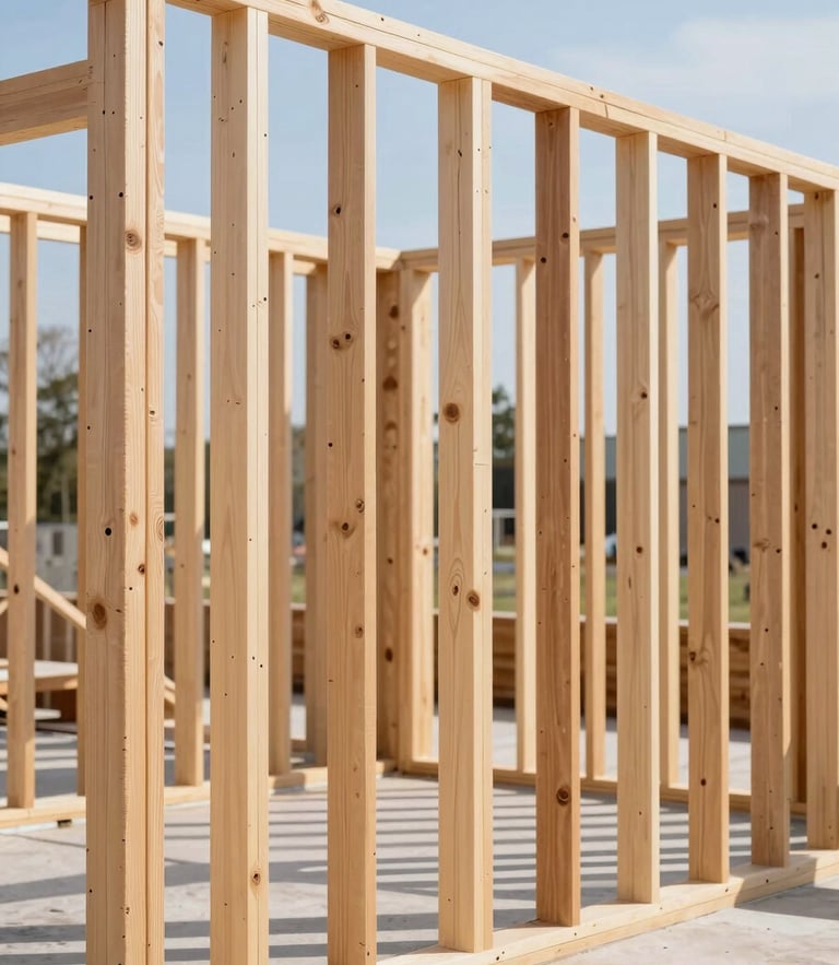 Sharp architectural framing of clean exposed wooden studs during structural framing, bright daylight, high contrast, 35mm.