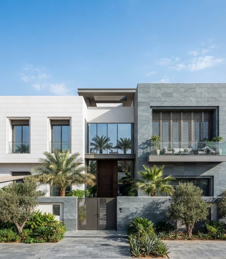 Wide-angle architectural photograph of a modern luxury Saudi villa facade, bright natural daylight, clean slate gray and white stone, sharp focus, editorial style
