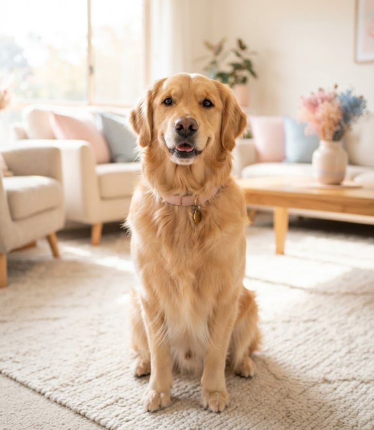 Bright editorial photography of a happy, fluffy clean golden retriever sitting calmly on a light rug in a sunny living room, soft natural window light, shallow depth of field