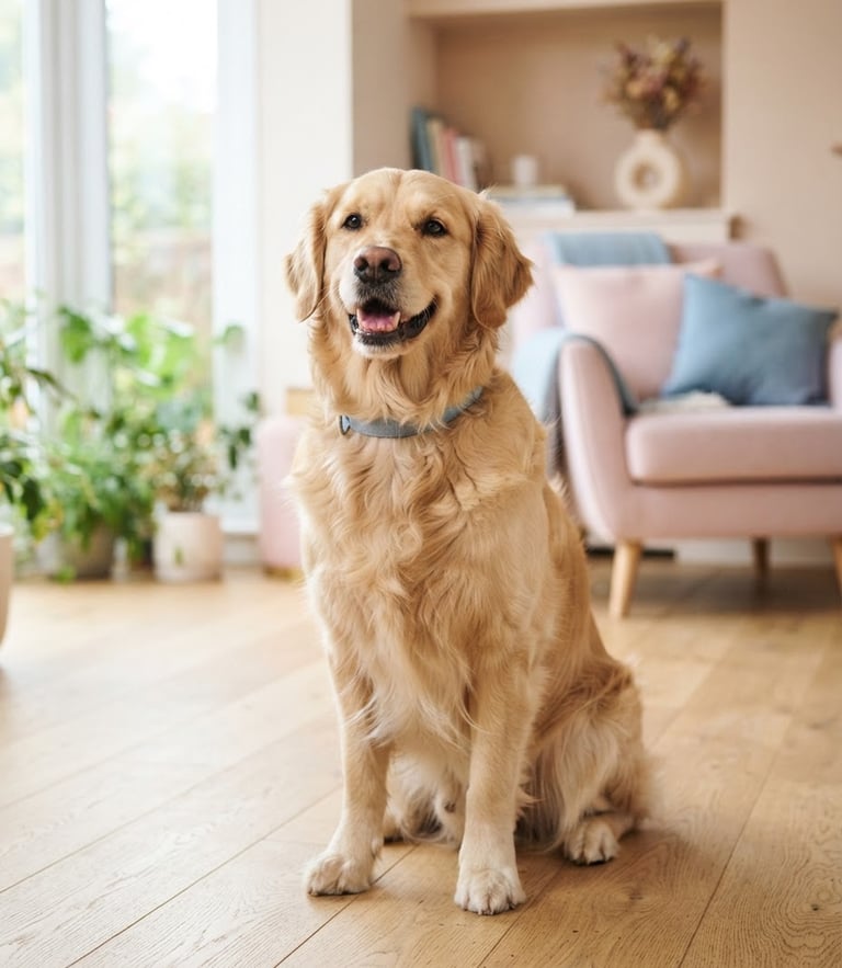 A happy fluffy golden retriever sitting calmly on a light wooden floor in a bright living room, soft window daylight, pastel pink accents in the background, shallow depth of field