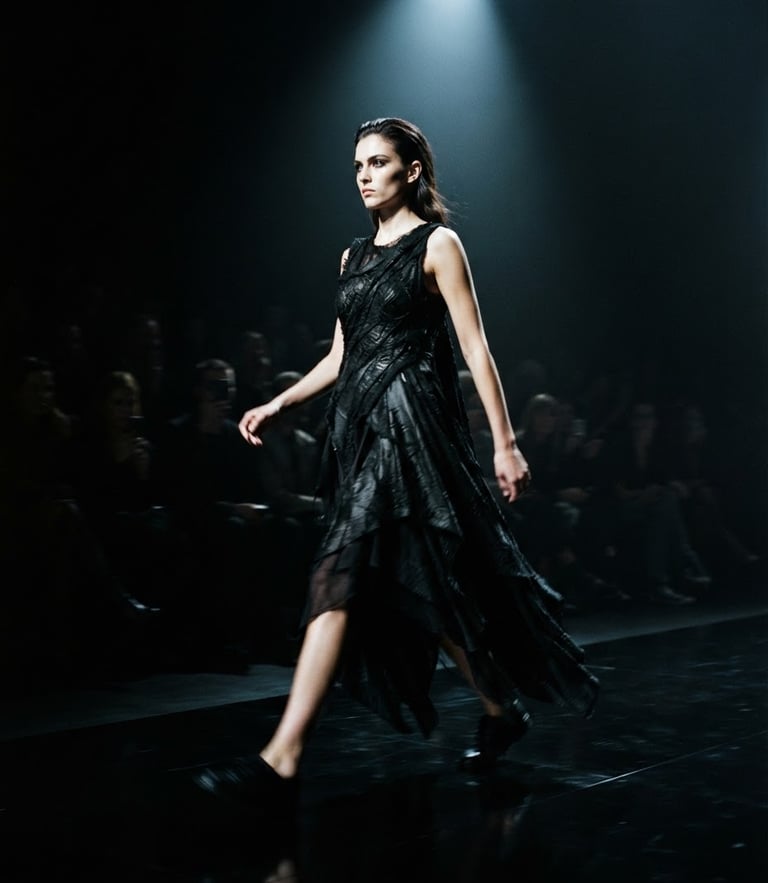 Moody high-contrast fashion photography of a model in motion on a dark runway, dramatic spotlighting casting deep shadows, desaturated tones, 35mm film grain, cinematic