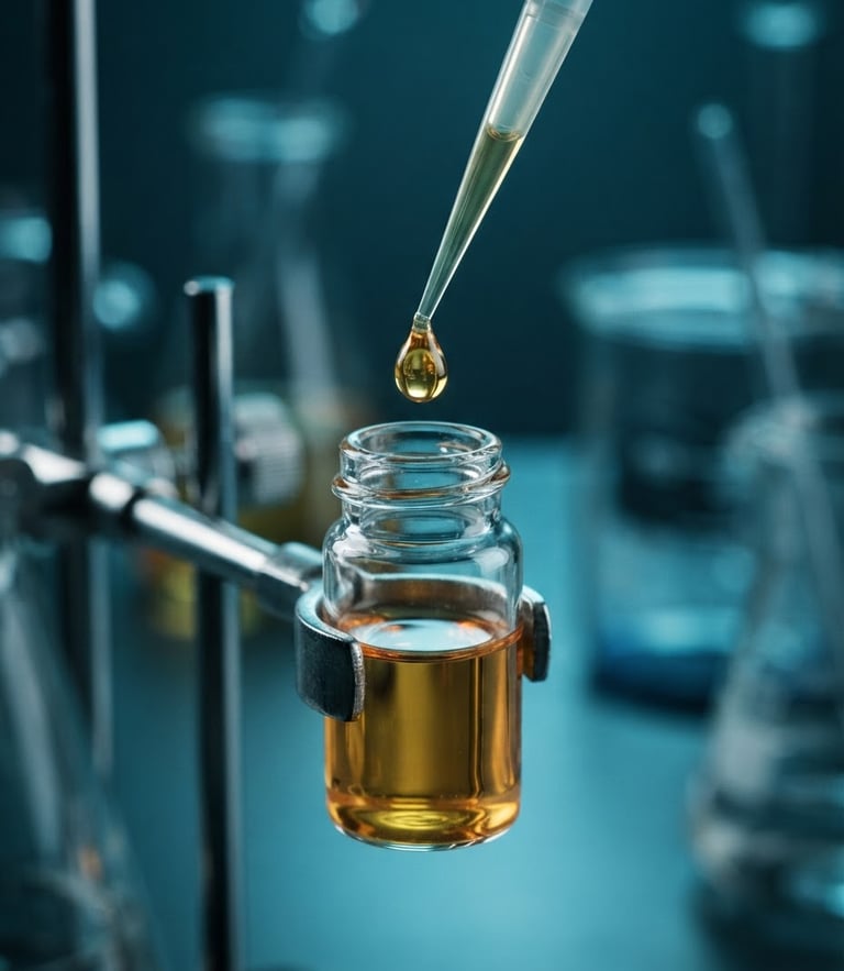 Macro studio shot of golden lipid fluid dropping into a glass vial, cool blue laboratory background, high contrast lighting, professional scientific photography