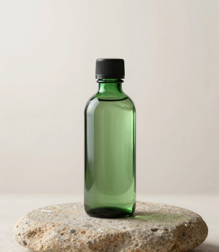 A minimalist product portrait of a green glass bottle on a smooth clay stone, soft morning light, shallow depth of field