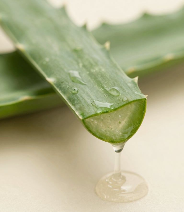 Macro close-up of pure cold-pressed aloe vera gel dripping from a freshly cut leaf, soft morning light, shallow depth of field, 35mm