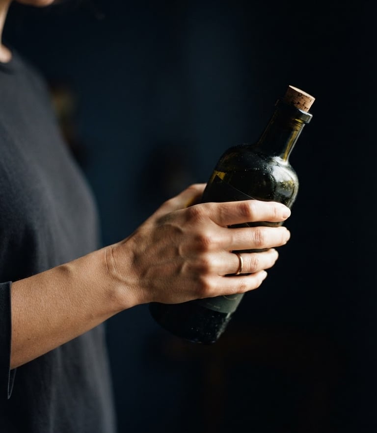 Moody editorial food photography, close-up of a hand inspecting a dark glass bottle of olive oil under soft natural side-light, gold highlights, deep navy background.