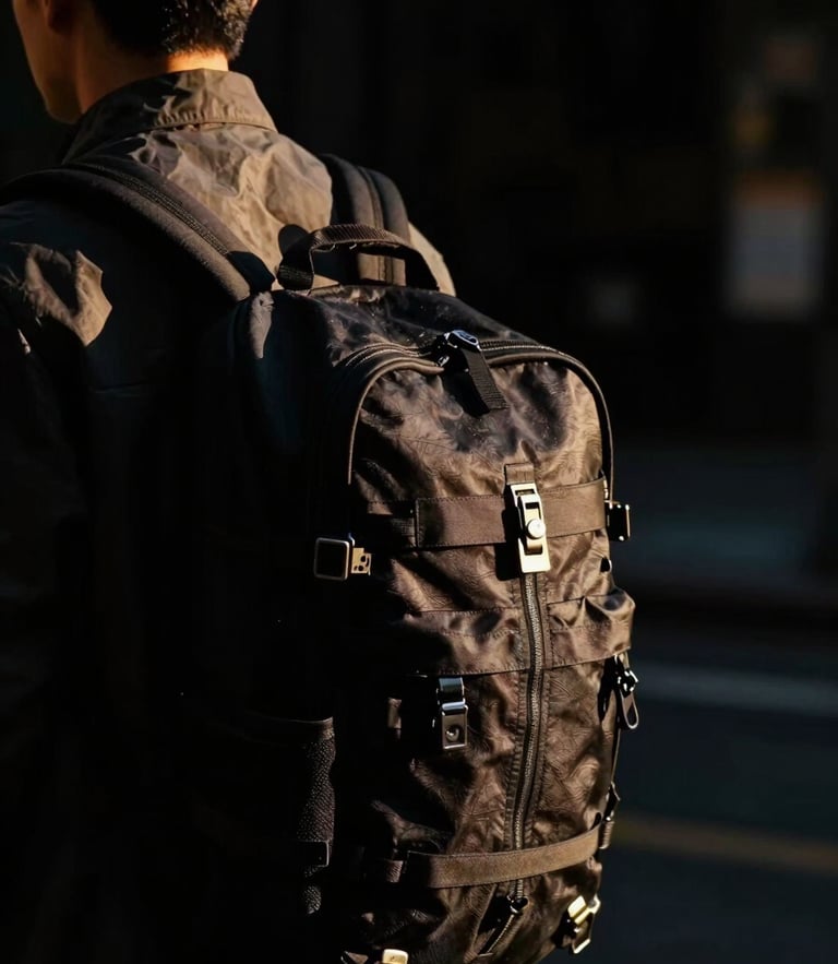 Moody cinematic street photography of a traveler wearing a black utility backpack, sharp golden-hour side-lighting, deep black background, high contrast, 35mm
