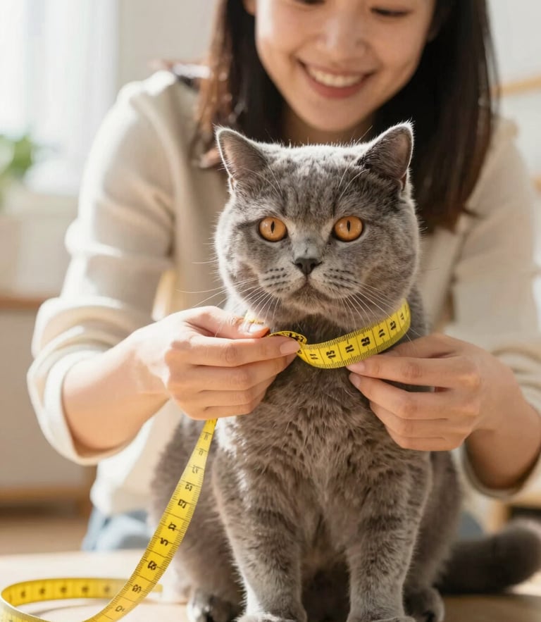 A cheerful owner gently measuring a fluffy gray cat with a soft yellow measuring tape, bright warm indoor lighting, happy atmosphere