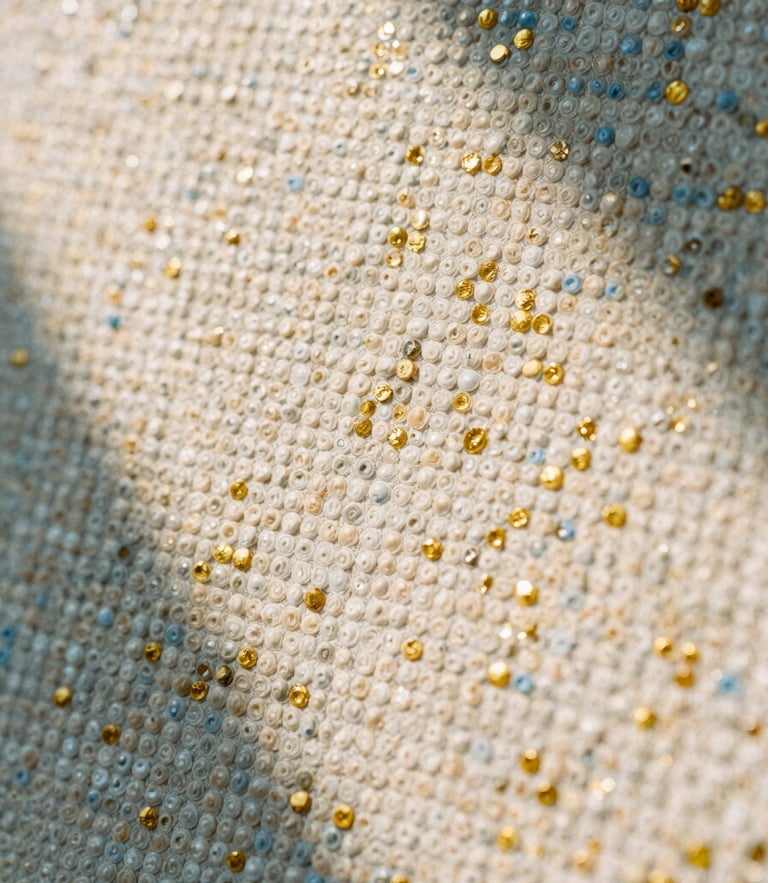 Extreme close-up macro photography of a pointillist canvas showing thousands of tiny, precise paint dots of warm alabaster, champagne gold, and soft blue blending optically, natural afternoon sunlight, medium format film