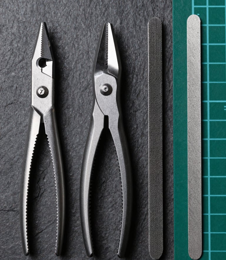 Macro top-down flat lay of professional sprue-cutters, sanding files, and a green cutting mat under cool studio light, matte slate background