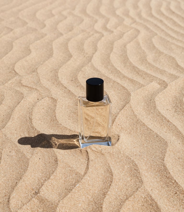 A minimalist glass perfume bottle casting a long shadow on textured sandstone under harsh desert sunlight, 35mm warm editorial photography.