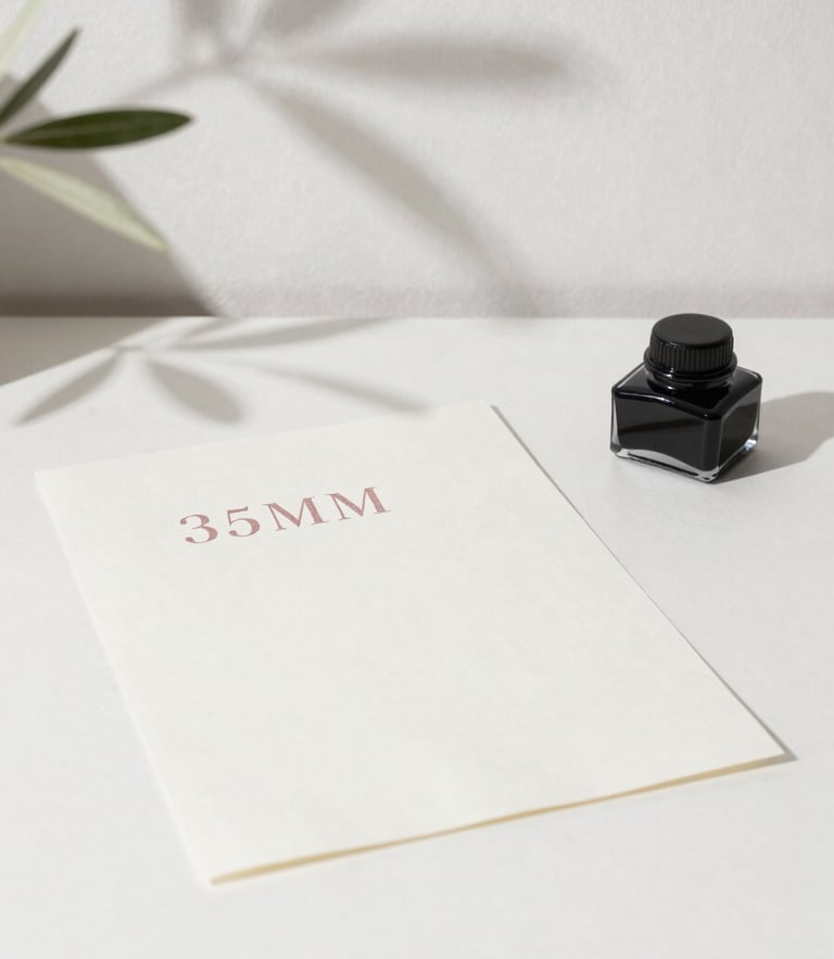 Minimalist writer's desk in bright daylight, a single heavy cotton sheet of paper with elegant serif typography resting near a modern ink well, soft shadows of olive leaves on plaster wall, 35mm.