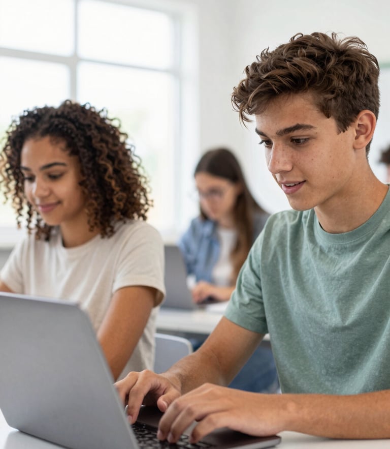 Medium close-up of an engaged international teenager using a laptop in a bright, modern, daylight-filled classroom, 35mm lens.