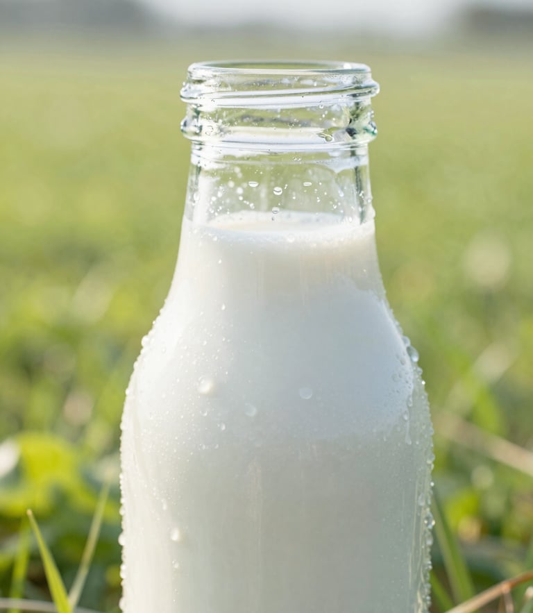 Close-up of a frosty glass bottle of fresh milk with water droplets, soft morning daylight, lush green pasture in the background, shallow depth of field, 35mm