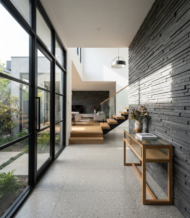 Crisp architectural photography of a modern renovated home interior, clean geometric lines, bright afternoon sun highlighting tile textures.
