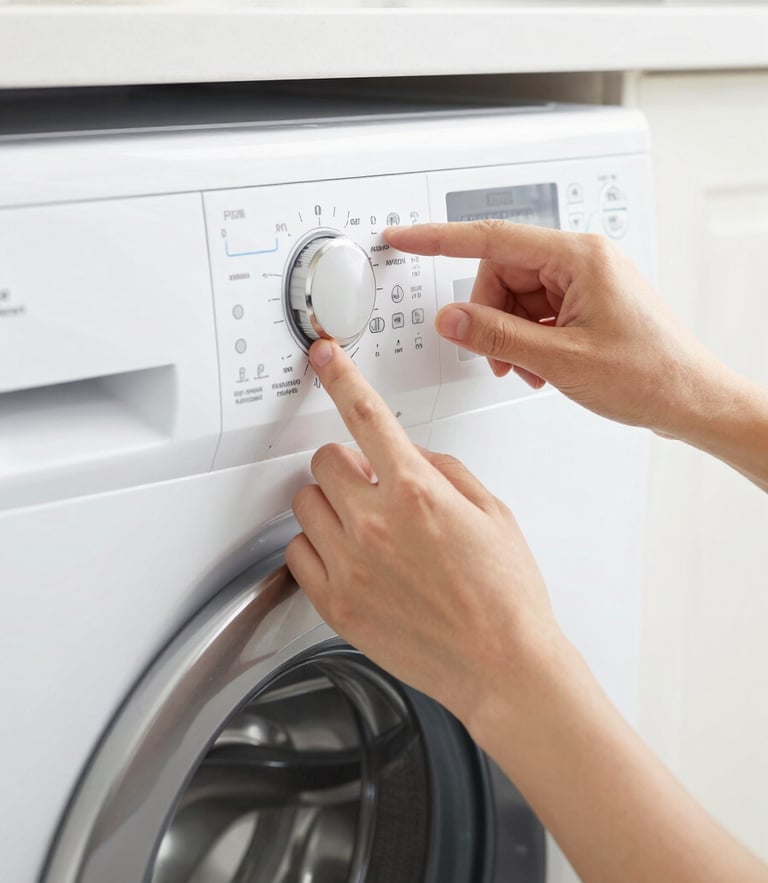 Close-up of technical hands working on a sleek modern washing machine control panel, bright natural kitchen light, sharp focus, 50mm lens