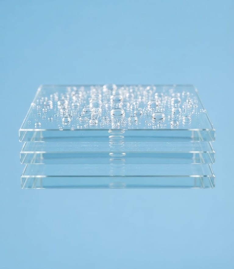Symmetrical macro shot of pristine transparent glass plates with delicate water droplets under bright daylight, clean sky-blue background