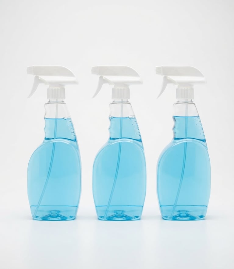 Symmetrical straight-on studio shot of translucent professional cleaning chemical bottles, bright high-key clinical daylight, pristine white background, fresh sky blue liquid inside, sharp focus, 35mm