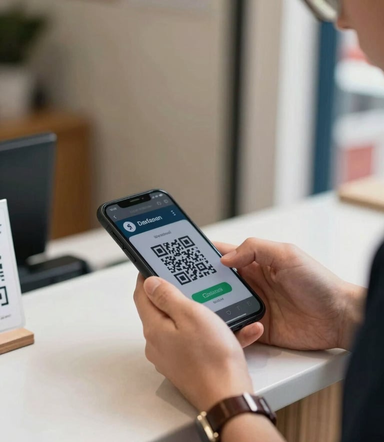 Bright, natural daylight close-up of a traveler scanning a secure QR code on a smartphone at a clean local storefront counter.