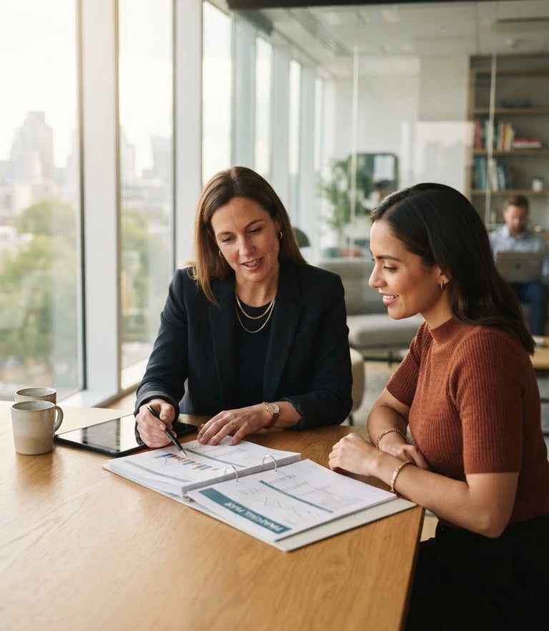Warm editorial photography of a professional financial consultant reviewing documents with a client in a bright, modern office with soft morning light coming through a large window, shallow depth of field