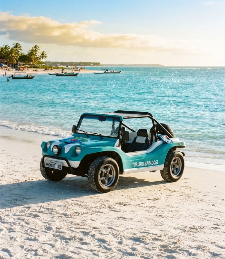 Bright coastal photography, a modern turquoise buggy parked on the white sands of Maragogi, sparkling turquoise sea in the background, vibrant tropical sunlight, 35mm lens.