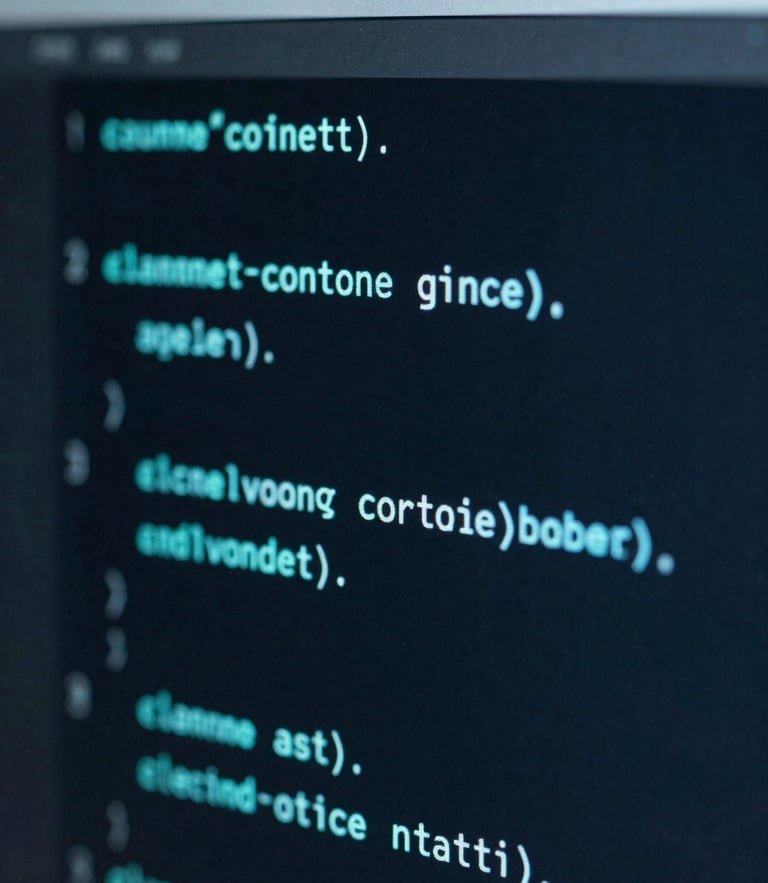 Macro technical photography of clean code interface on a dark screen with electric cyan highlights, sharp focus, low-key server room lighting
