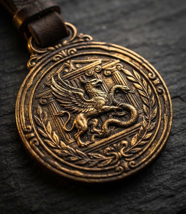 macro product photography, dramatic side-lighting, dark slate background, metallic reflections, gold and bronze tones, 85mm lens, shallow depth of field showing a heavy bronze medal with deep high-relief engravings