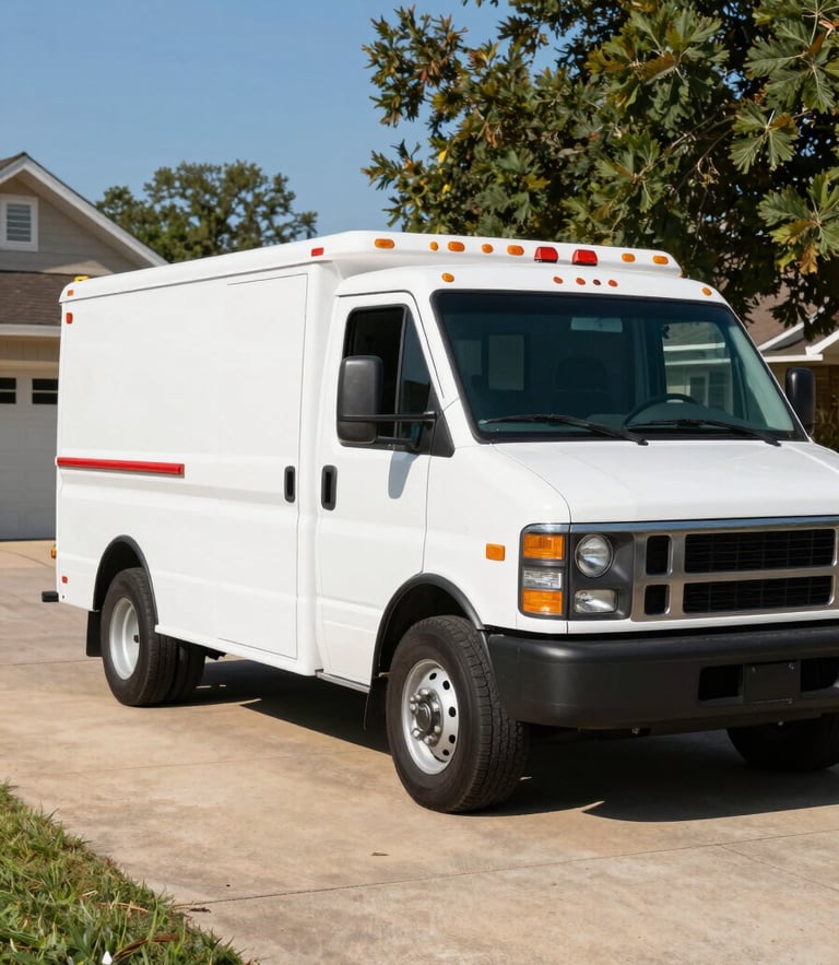 Bright direct Mississippi sunlight illuminating a clean, organized Platinum Pool Solutions service truck parked in a suburban driveway, high-contrast, professional utility focus.