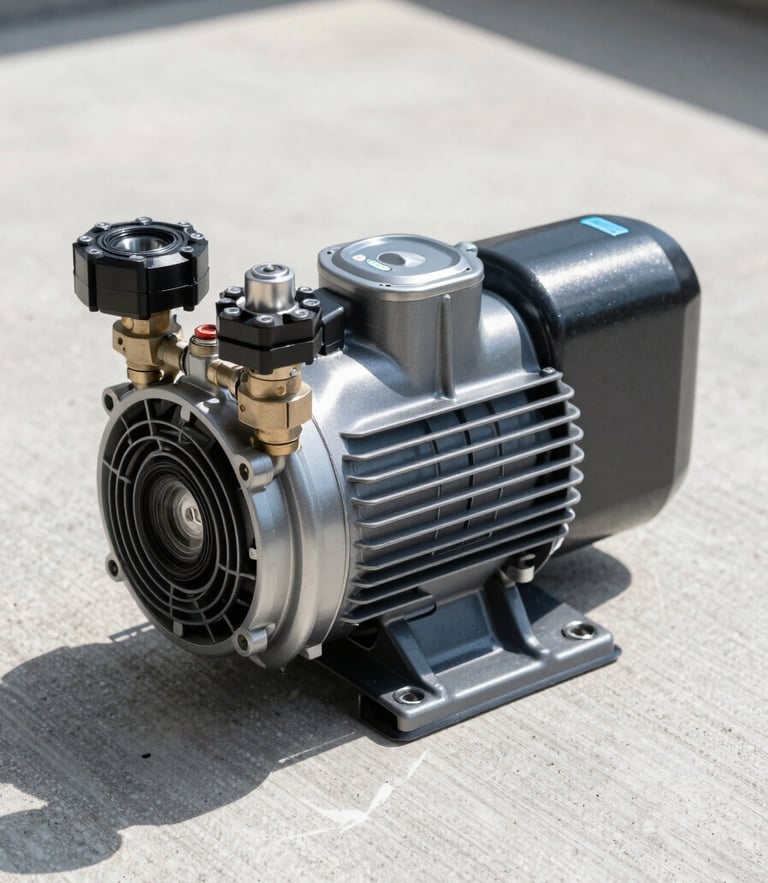 Close-up of a newly installed premium pool pump and filtration system on a clean concrete pad, bright direct sunlight, sharp focus on valves