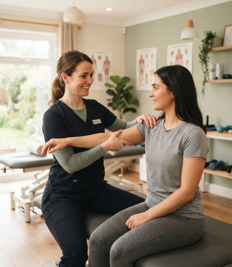 Warm clinical photography of a professional female physiotherapist in her bright, serene clinic with natural light and soft sage green accents