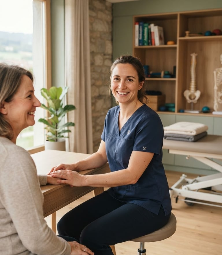 Warm environmental portrait of professional female physiotherapist Marie Lepagney in her serene Courgenay clinic, soft natural daylight, sage green tones, elegant