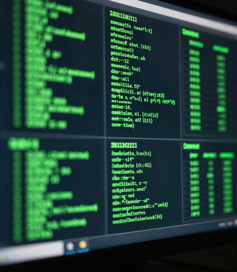 Extreme close-up macro shot of a glowing terminal screen displaying green code, analytics dashboards, and data visualizations, dark cyberpunk studio lighting