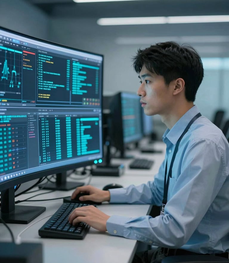 A focused IT engineer analyzing real-time data screens in a high-tech network operations center, cool cyan ambient glow, sharp focus