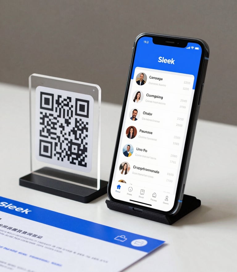 Sleek smartphone mockup displaying a custom digital profile page next to a matte-finish acrylic QR stand and a printed promotional flyer, bright studio lighting, royal blue accents.