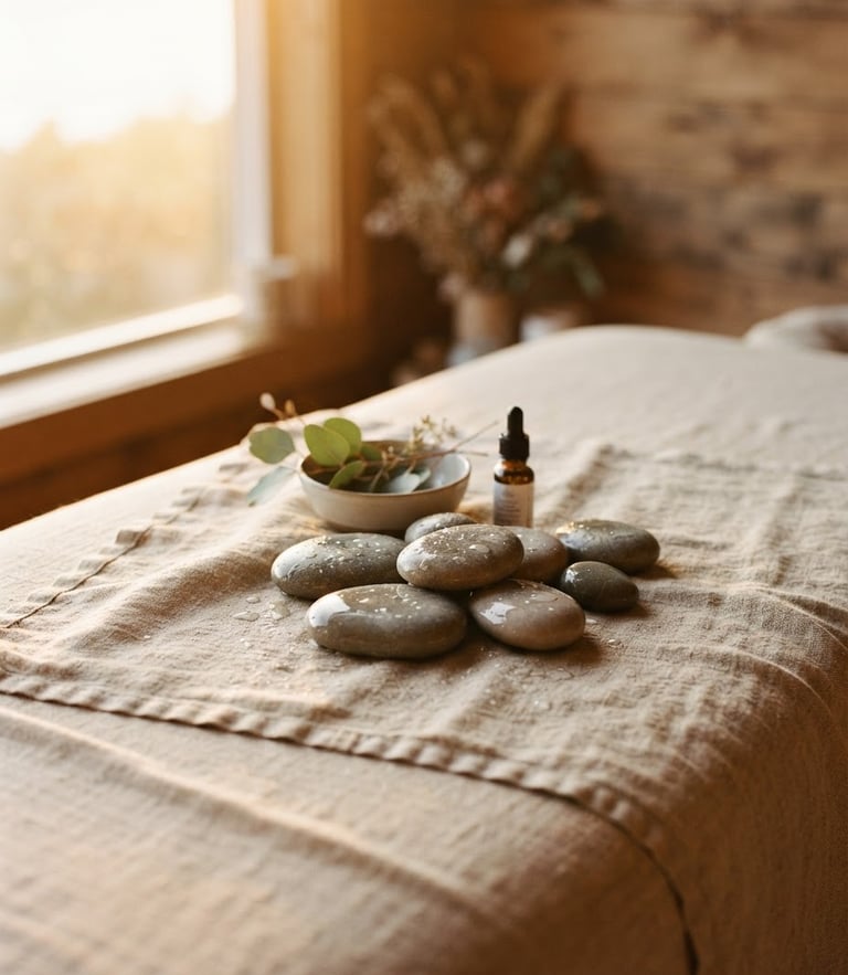 Soft diffused golden-hour coastal light reflecting on smooth river stones and organic linen in a minimalist treatment room, shallow depth of field, 35mm