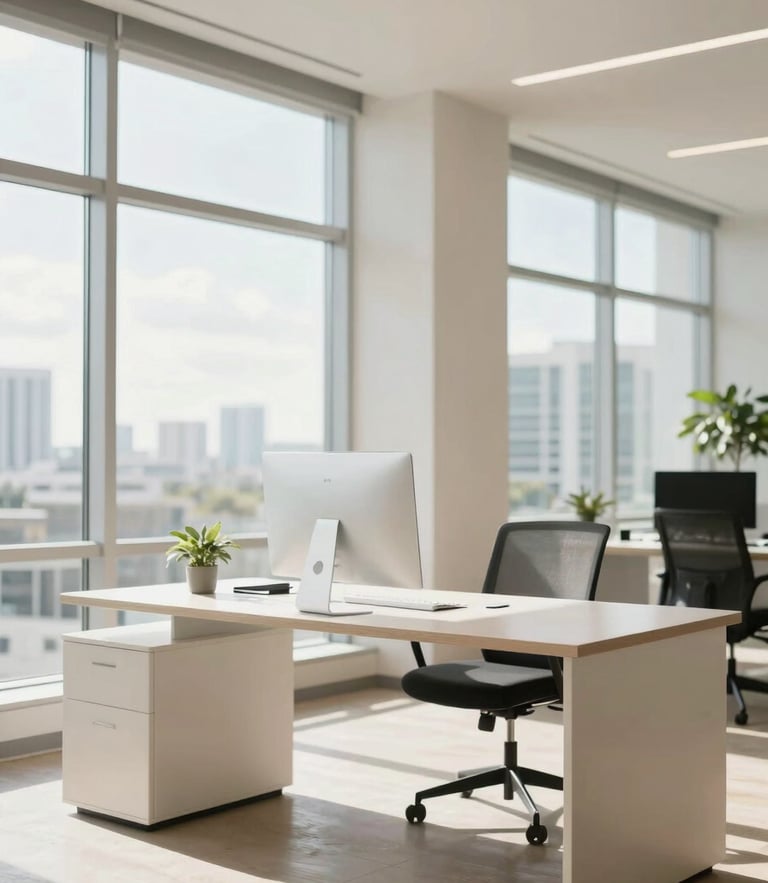 Bright editorial photography, sun-drenched modern Miami workspace with high ceilings and large windows, clean minimalist desk with warm natural daylight, shallow depth of field, 35mm