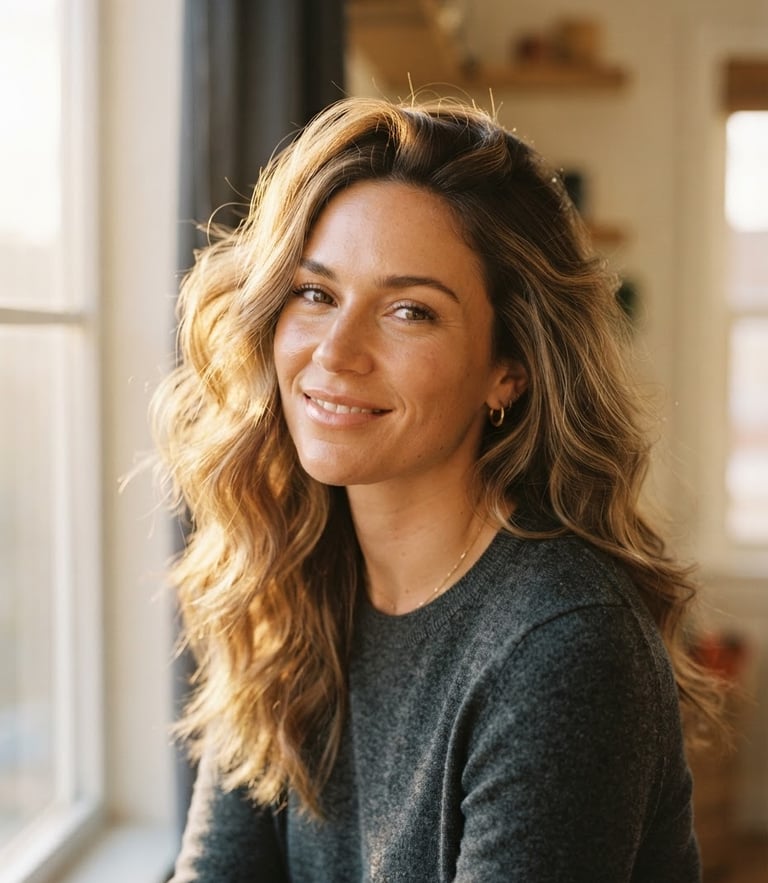 Editorial portrait of a woman with elegant, softly lit hair texture, warm golden-hour window light, cream and charcoal background, shallow depth of field, 35mm