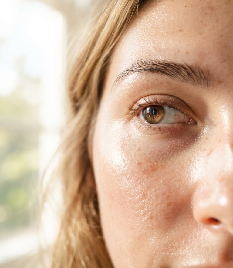 Close-up of radiant, dewy skin with soft natural sunlight and morning window light, high-key skincare photography