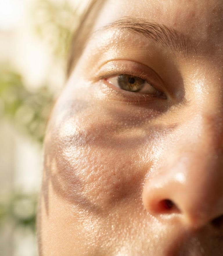 A close-up of fresh dewy skin with morning window light reflecting soft golden tones, natural pores and radiant texture visible, botanical leaf shadow.